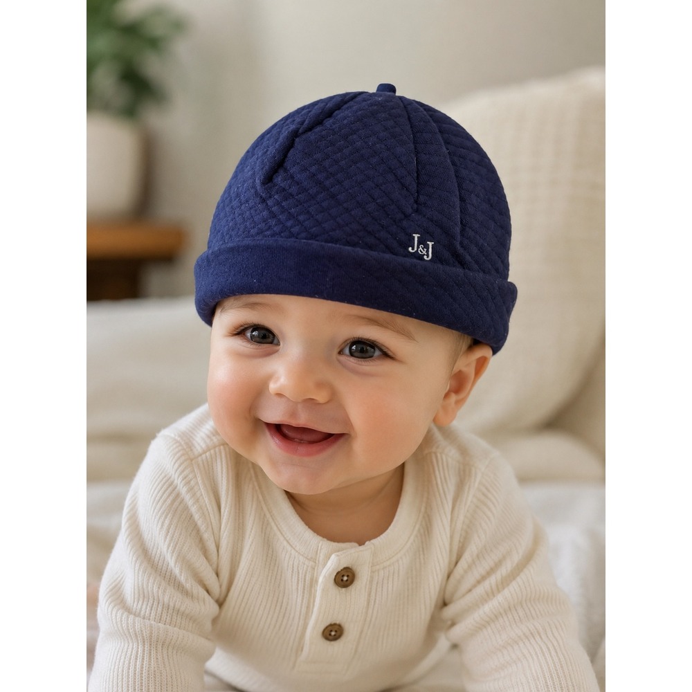 Janie and Jack Navy Blue Quilted Newborn Beanie Hat J&J Logo 0-6 Months